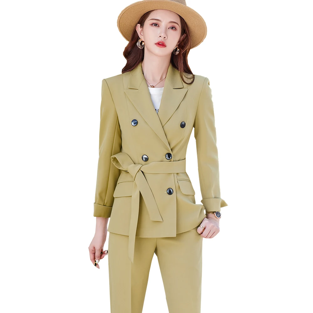 Spring Autumn Black Green Yellow Women Pant Suit With Sashes Office Ladies Jacket Blazer And Trouser Female Formal 2 Piece Set