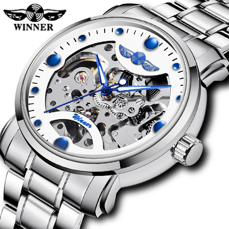 Механические Мужские часы WINNER с серебряным скелетом из нержавеющей стали
