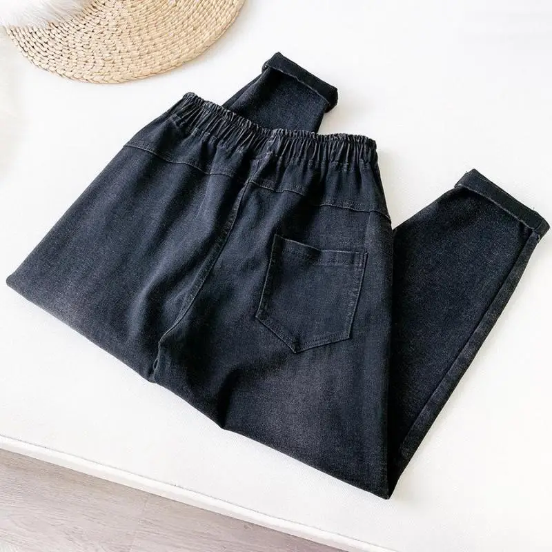 

2020 Autumn& Winter New Women Retro Black High Waist Elastic Waist Harem Pants Casual Loose Nine-point Pants Jeans Free Shipping