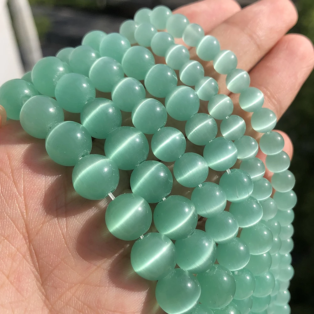 

4 6 8 10mm Mint Green Natural Cat Eye Stone Bead Smooth Opal Moonstone Round Loose Beads For Jewelry Making DIY Bracelets 15"