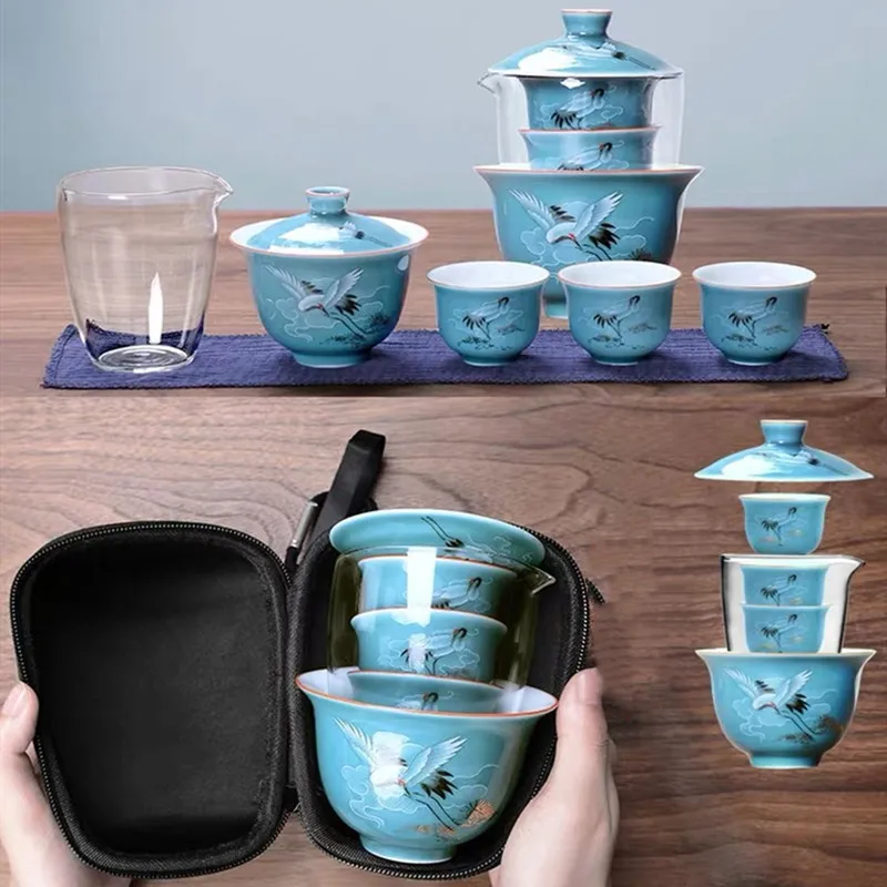 

Creative Portable Blue and White Porcelain Gaiwan Chinese Ancient Glaze Jingdezhen Tea Set Han-Painted Crane Teapot Tea Bowl