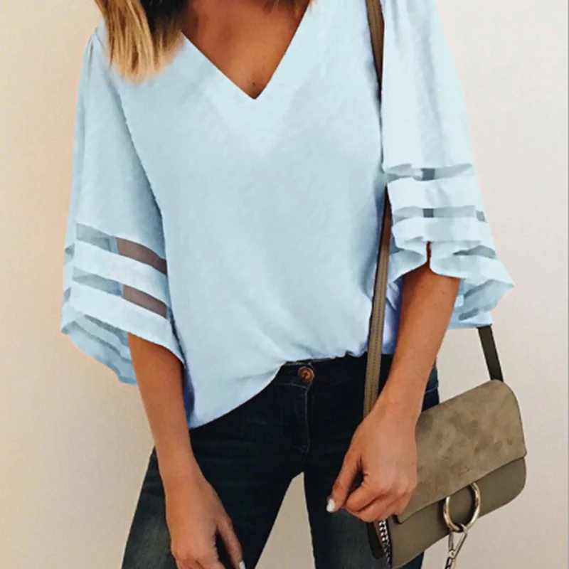 Весенне летняя блузка женская кружевная сетчатая Лоскутная шифоновая рубашка с