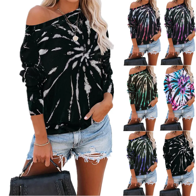 

Autumn Winter Women Tie Dye Loose T-shirt Ladies Long Sleeve Round Neck Casual Tee Shirts Green Pullover Korean Tops Streetwear