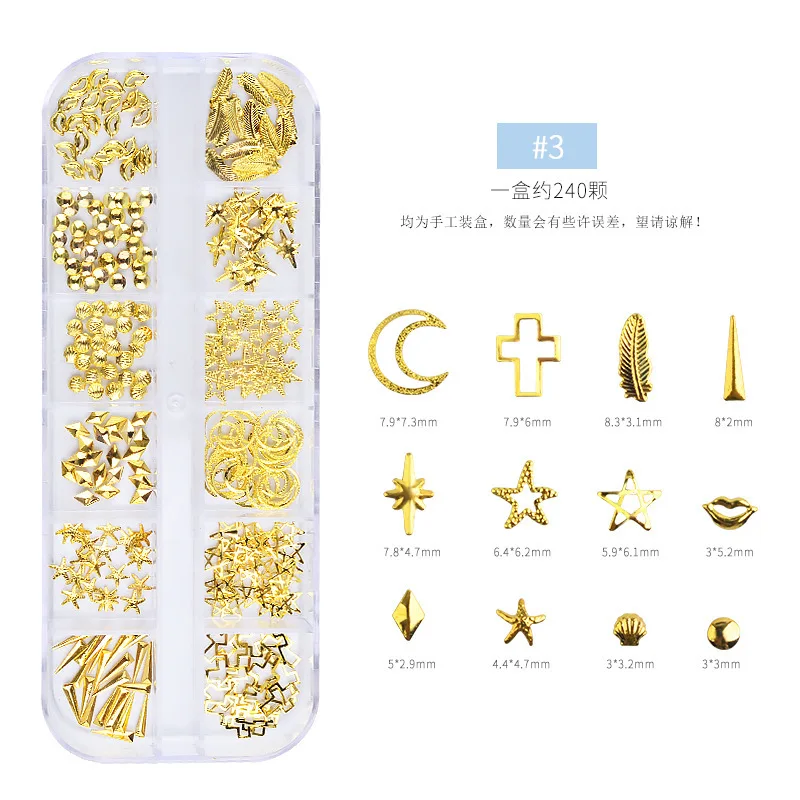 

1 Box Mixed 3D DIY Hollow Metal Frame Nail Rhinestones For UV Gel Polish Decorations Gold Rivet Manicure Nail DIY Accessories
