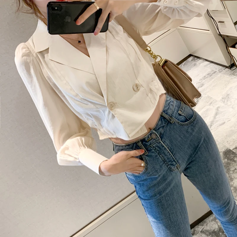 

Lauri Laki New White Chiffon Blouse Women Elegant Office Wear Short Notched Shirt Chic Formal Blousa Spring 2021 Tops