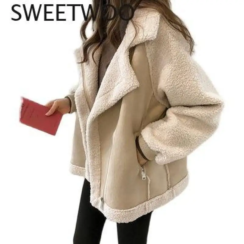 New Women Winter Faux Fur Suede Jackets Coat Thicken Warm Lambs Wool Teddy Coats Ladies Loose Oversized Outwear Tops 2022
