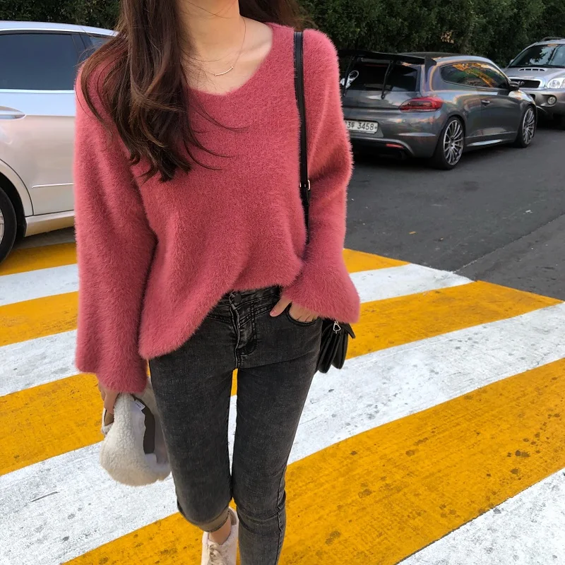 Осень корейский ins Harajuku сладкий винтажный сплошной цвет вязаный свитер женский модный Свободный v-образный вырез с длинными рукавами женский свитер