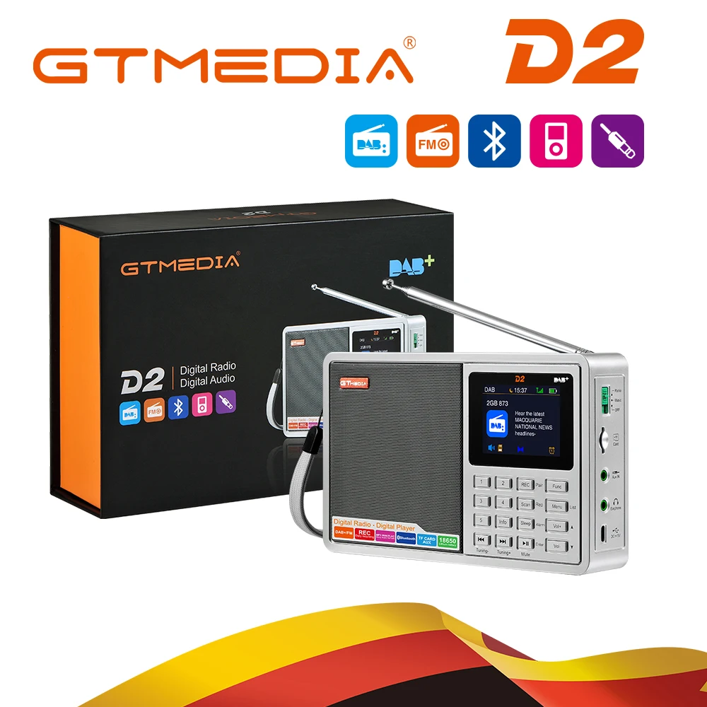 

GTMEDIA D2 цифровое радио FM стерео/DAB многодиапазонное радио 2,4 "TFT-LCD цветной дисплей Будильник 18650 литиевая аккумуляторная батарея