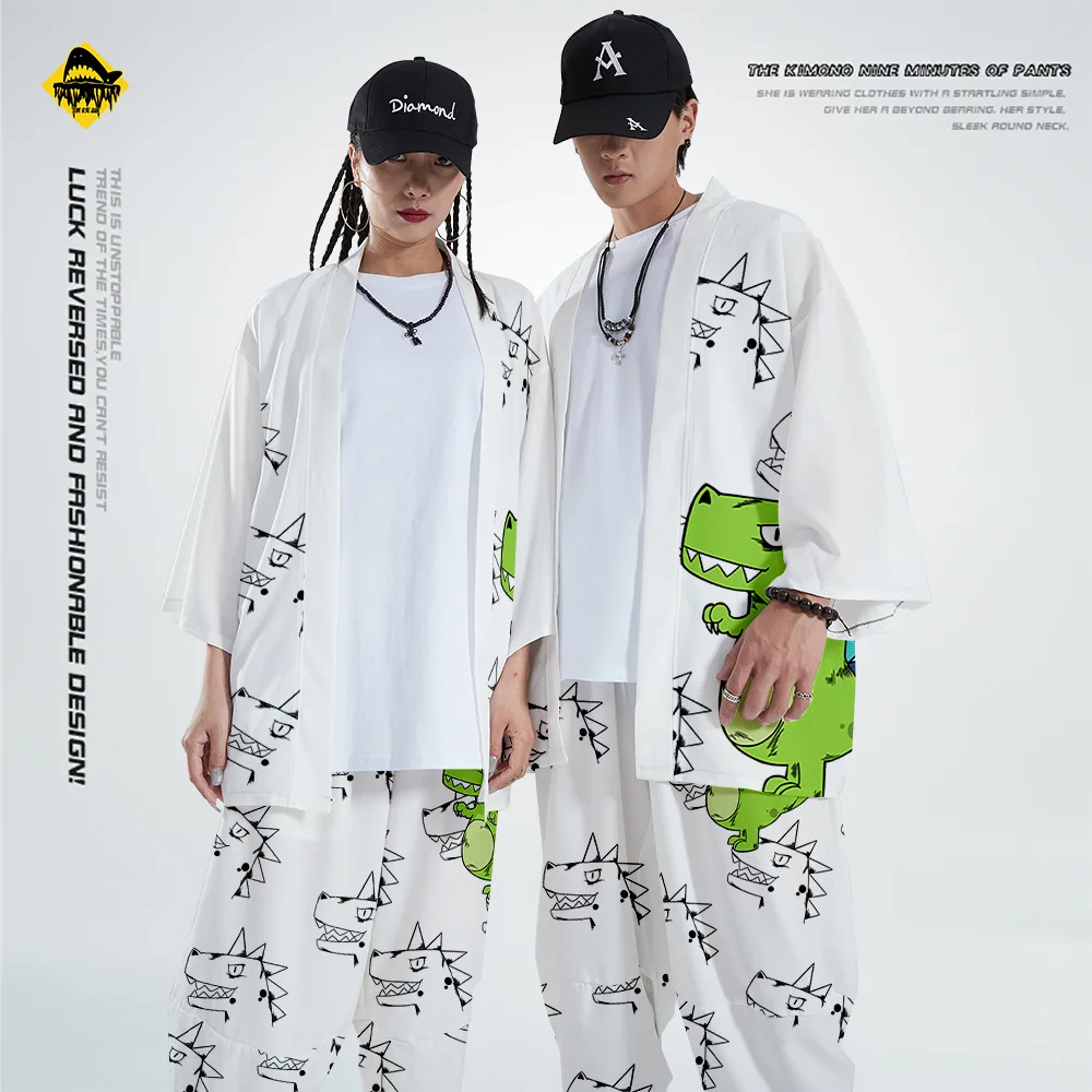 

Men and women Japanese kimono cardigan shirt Harajuku trend little dinosaur couples Japanese summer kimono nine-point pants suit