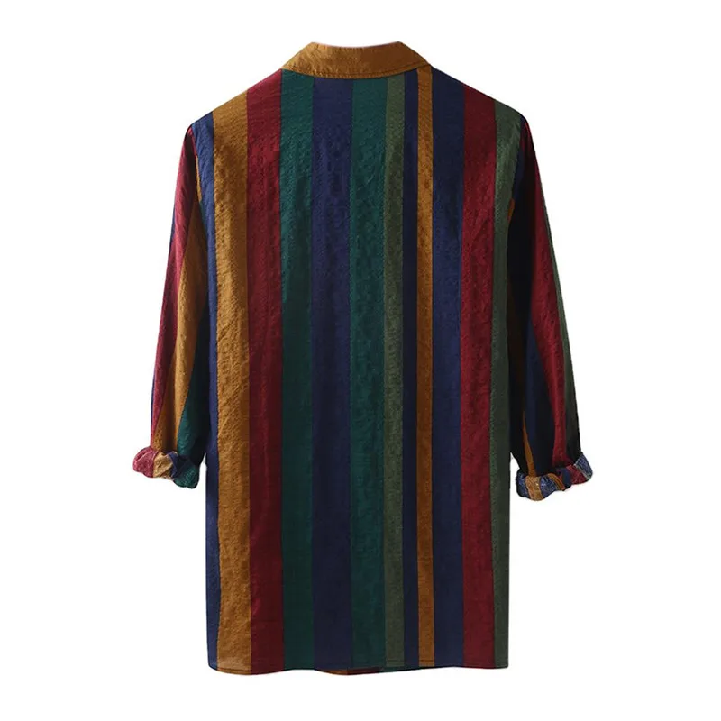 

Mens Striped Long Sleeve Shirts Loose Casual Button Neck Blouse Tops Autumn