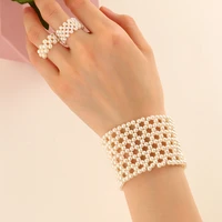 full pearls weave bracelet for women hollow elastic pearl braided bangles rings set bride jewelry girls fine wedding accessories