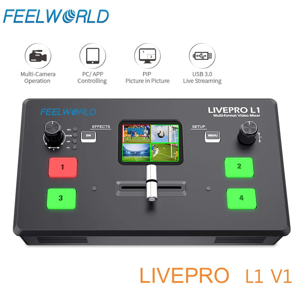 

FEELWORLD LIVEPRO L1 V1 Multi Format Video Mixer Switcher 4xHDMI Inputs Camera Production USB3.0 Live Streaming Youtube
