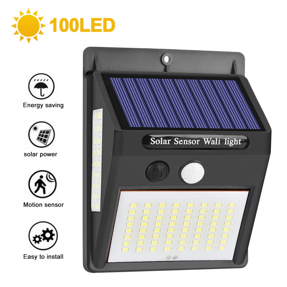 1pc 100LED 100 светодиодный светильник на солнечной батарее, уличный светильник на солнечной батарее, настенный светильник с датчиком движения PIR, водонепроницаемый светильник на солнечной батарее для украшения сада - Испускаемый цвет: 1pc 100LED