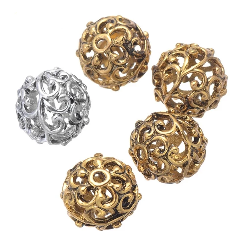 

GRAPES Wholesale Gold Silver Color Metal Beads Jewelry Accessories For Women 12mm Engrave Beads Hollow Antique 10pcs/lot