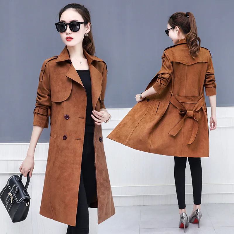 

Spring Autumn Women Long Trench Coat New Fashion Suede Jackets Slim Large Size High-quality Windbreaker Female Casual Tops J375
