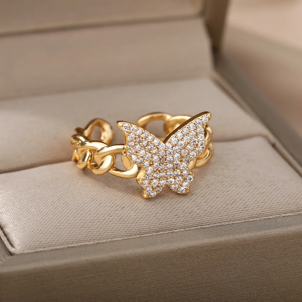 

Cuban Chain Big Zircon Butterfly Rings For Women Luxury Gold Sliver Color Open Twist Chain Finger Rings Hip Hop Punk Jewelry