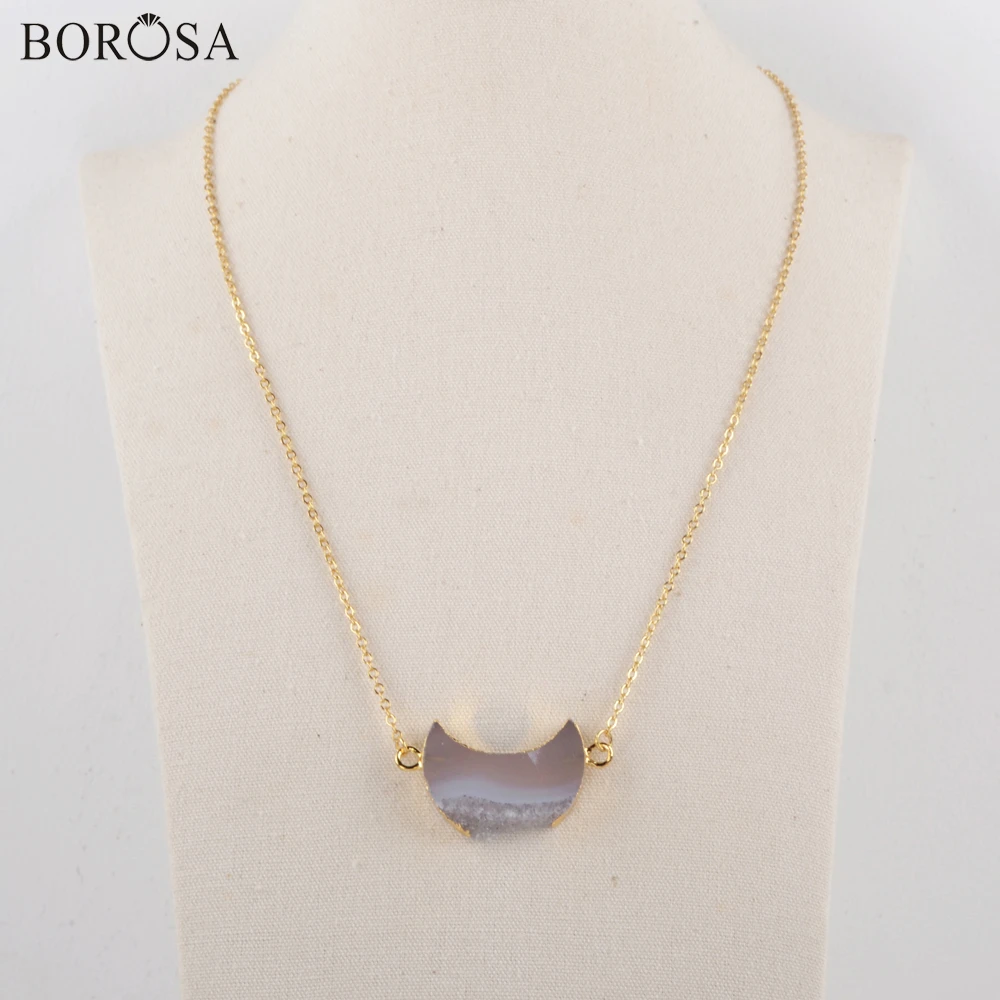 

BOROSA 1/5Pcs Natural Agates Pendant Necklace for Women Fashion 18inch Gold Electroplated Druzy Quartz Necklace Jewelry G1964-N
