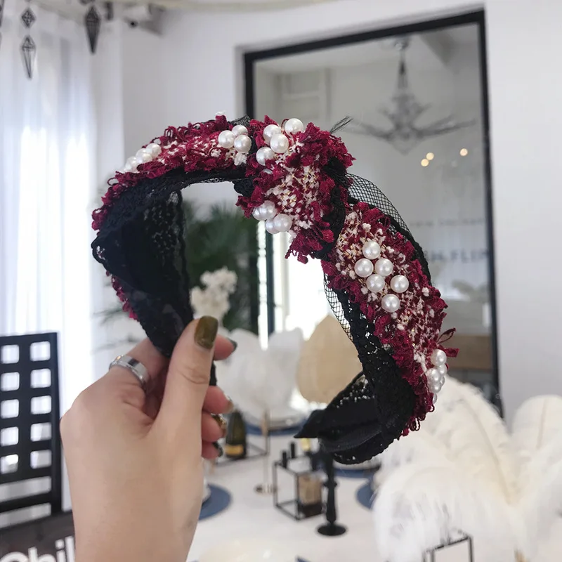 Богемный винтажный Клетчатый Ремень для волос с жемчужинами ободок аксессуары |