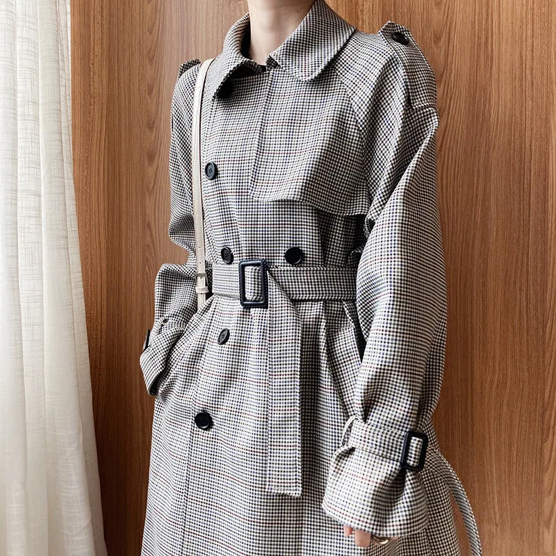 Net red houndstooth plaid windbreaker jacket female spring and autumn Korean style mid-length popular double-breasted coat trend