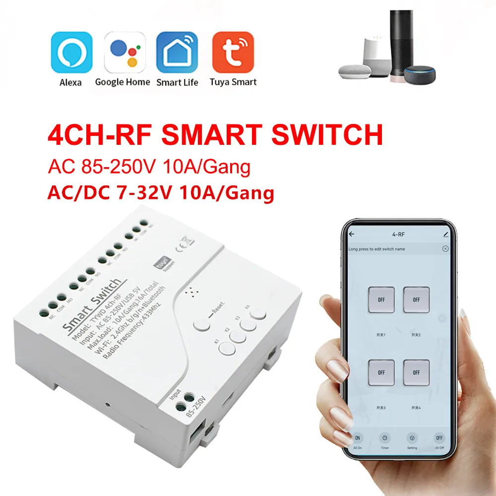 4CH Tuya Smart Life Wireless Wifi Switch Module WI FI APP Remote Control DC 12V 24V AC 220V RF Receiver 10A Smart Relay Alexa