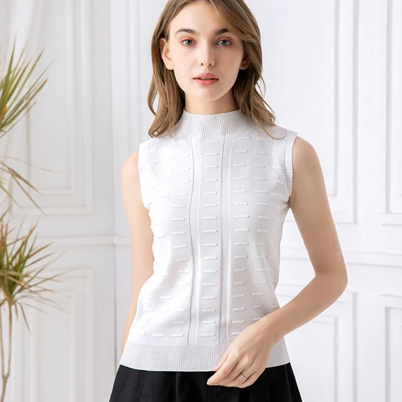

Women's T shirt Solid Half Turtleneck Fashion Casual Knitted Sleeveless Summer T-Shirt Vintage Basic Tshirt Women
