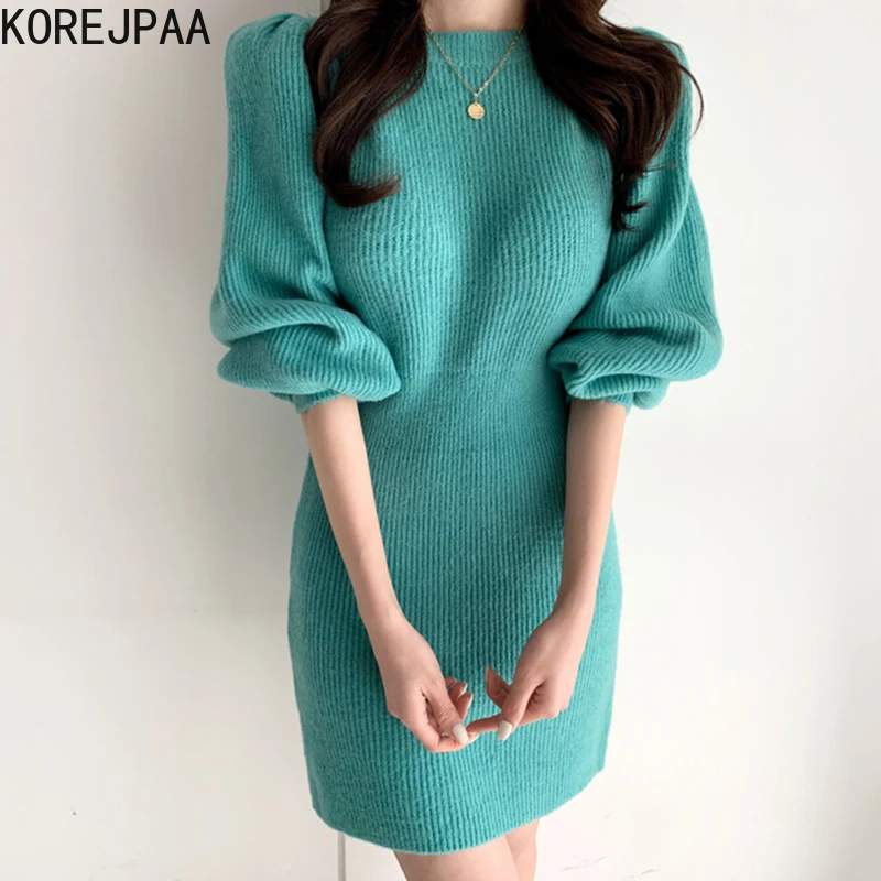 

Korejpaa Women Dress 2021 Autumn Korea Temperament Ladies Round Neck Pullover High Waist Slim Fit Bubble Sleeve Knitted Vestidos