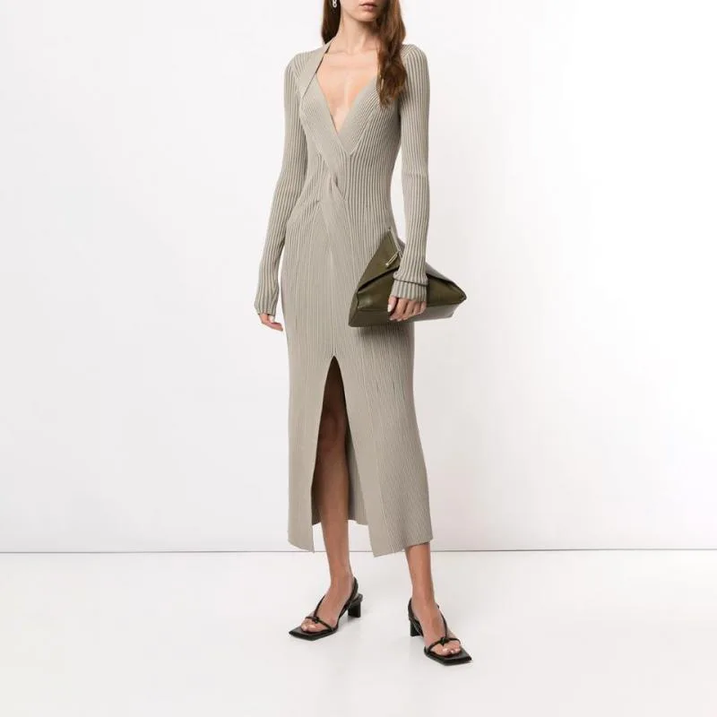 

Sexy Women Slim Dress V Neck Long Sleeve Split Knitting Dresses Celebrity Lady Evening Party Mid Calf Dress