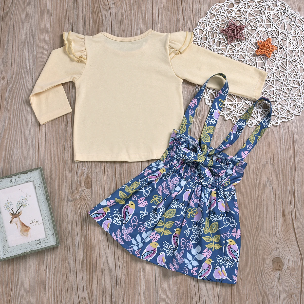 Детский хлопковый топ с оборками и длинными рукавами + синяя юбка цветочным