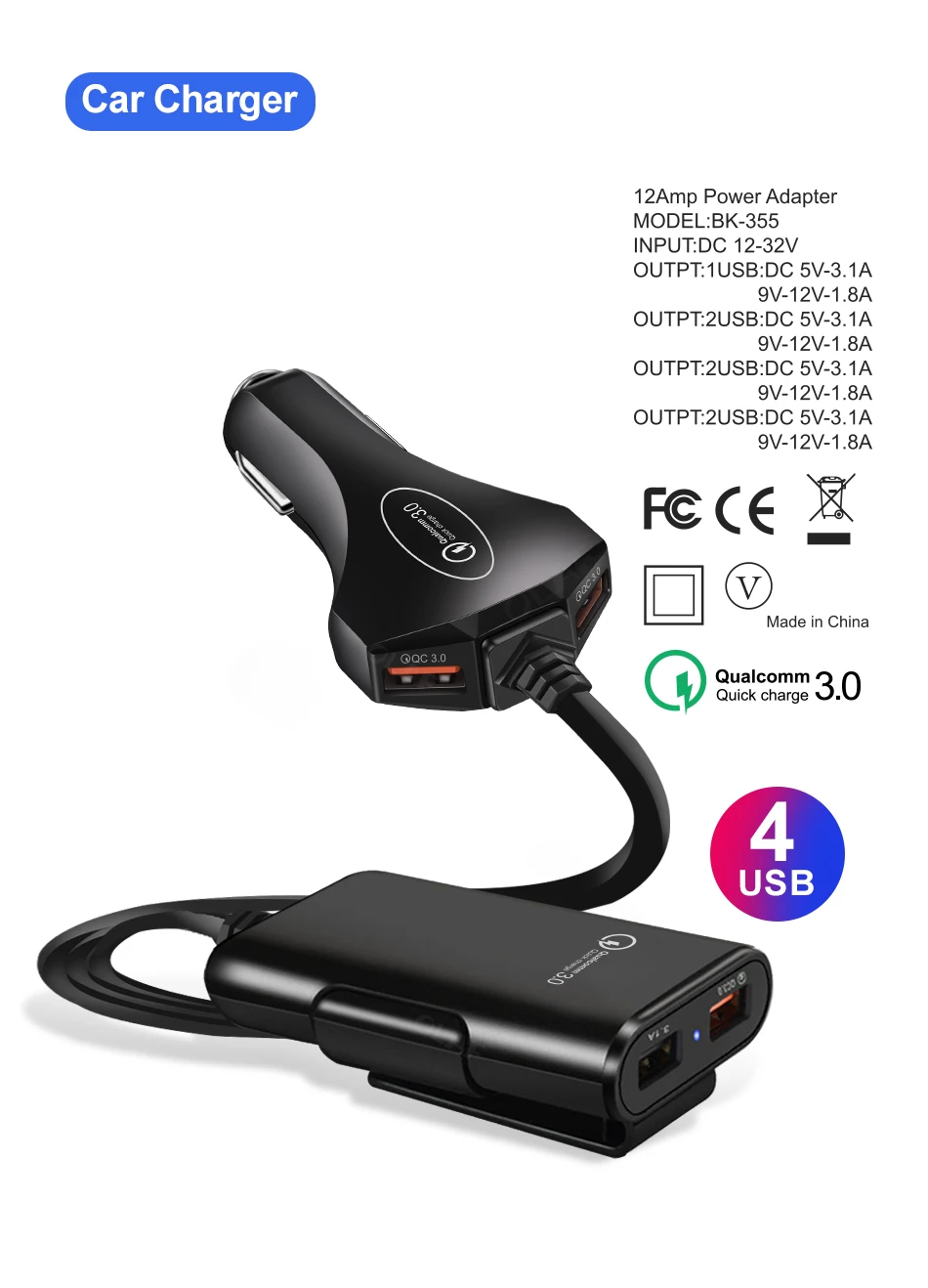 Автомобильное зарядное устройство с 4 usb-портами, быстрая зарядка 3,0, автомобильное зарядное устройство с кабелем 1,7 м для планшета, смартфона iPhone X 8 7, расширенный адаптер QC 3,0