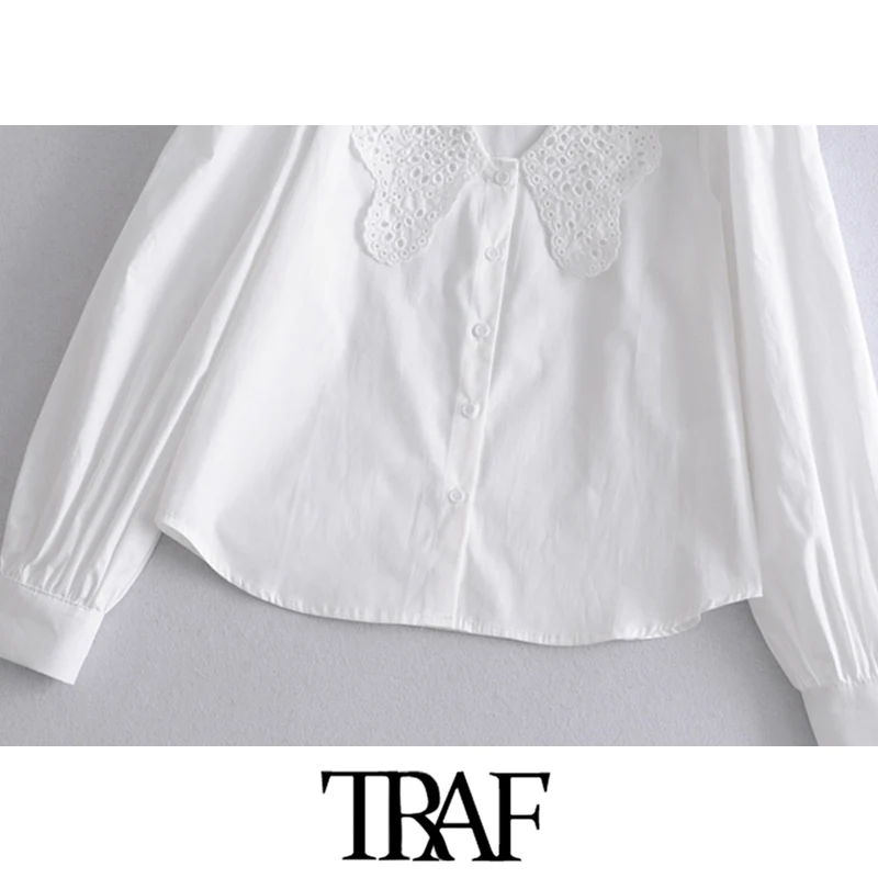 

TRAF Women Sweet Fashion Hollow Out Embroidery Collar Blouses Vintage Puff Sleeve Button-up Female Shirts Chic Tops
