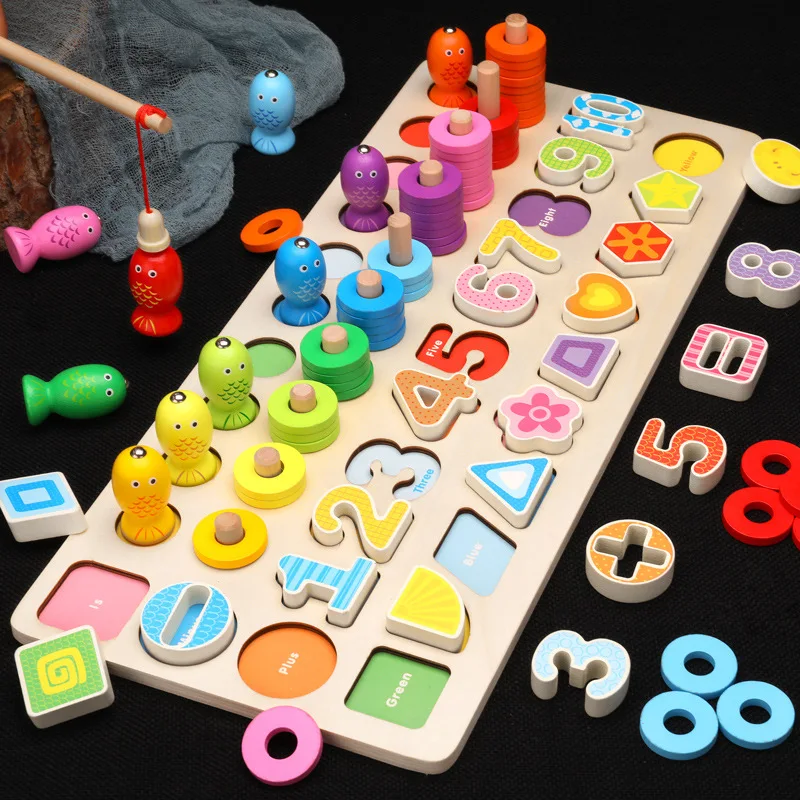 

Montessori Educational Wooden Toys For Kids Board Math Fishing Count Numbers Digital Shape Match Early Education Child Gift Toy