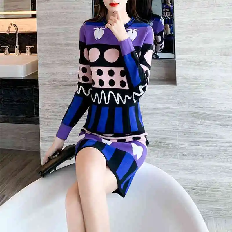 

Purple Knit Suit Skirt Female Two-piece New Style Long Sleeve Skirt for Autumn and Winter