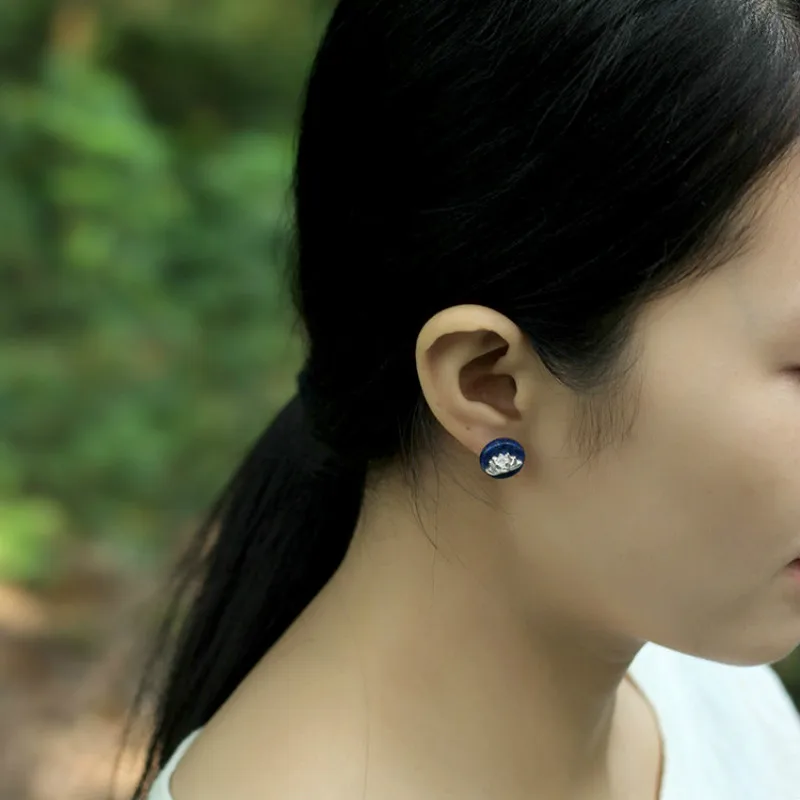 925 пробы серебряные серьги-гвоздики в форме цветка лотоса из лазурита этническом