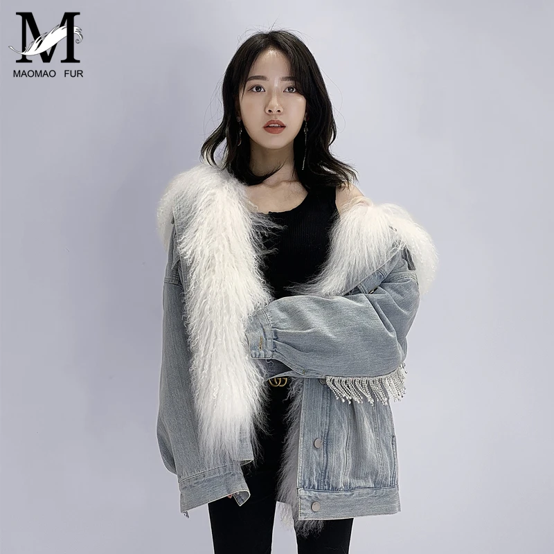 Зимние Харди теплые джинсовые пальто женские ягненка меховой воротник хлопок