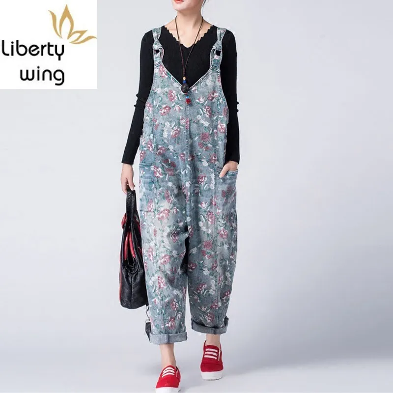 Female New Spring Autumn Denim Bib Ankle Length Trousers Hanging Crotch Print Loose Jeans Pants Harajuku Overalls