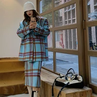 plaid tweed set casual blazer vintage thicken suits jacket high waist split skirt tops two pieces sets women outfits office wear
