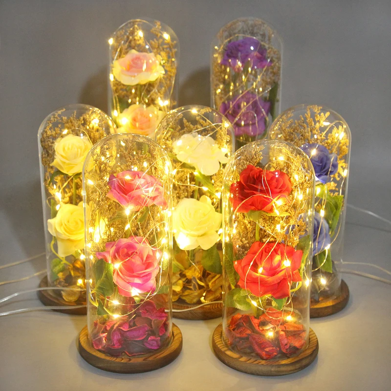 

Beauty and The Beast Rose Enchanted Rose Artificial Silk Rose in Glass Dome with LED Light Dried Flower for Valentine's Day Gift