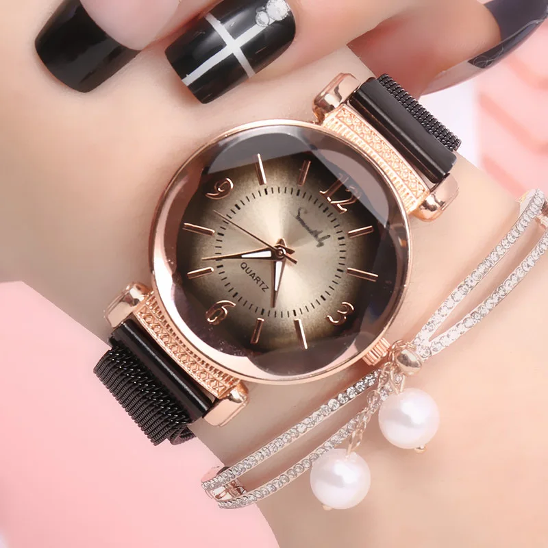 

Luxury Fashion Women Watch Geometric Roman Numeral Quartz Ladies watch Magnet Buckle Mesh Strap WristWatch Gold Reloj Mujer
