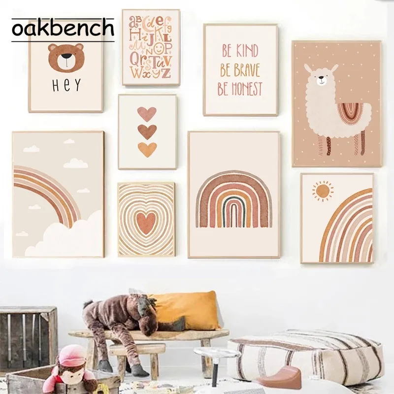 

Женская Картина на холсте с изображением солнца и радуги, картины с изображением медведя альпака, скандинавские постеры и принты, декор дет...