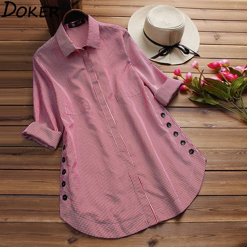 

Autumn Plaid Print Blouse Women Turn-down Collar Long Sleeve Casual Loose Plus Size Office Long Shirts Female Tops And Blouses