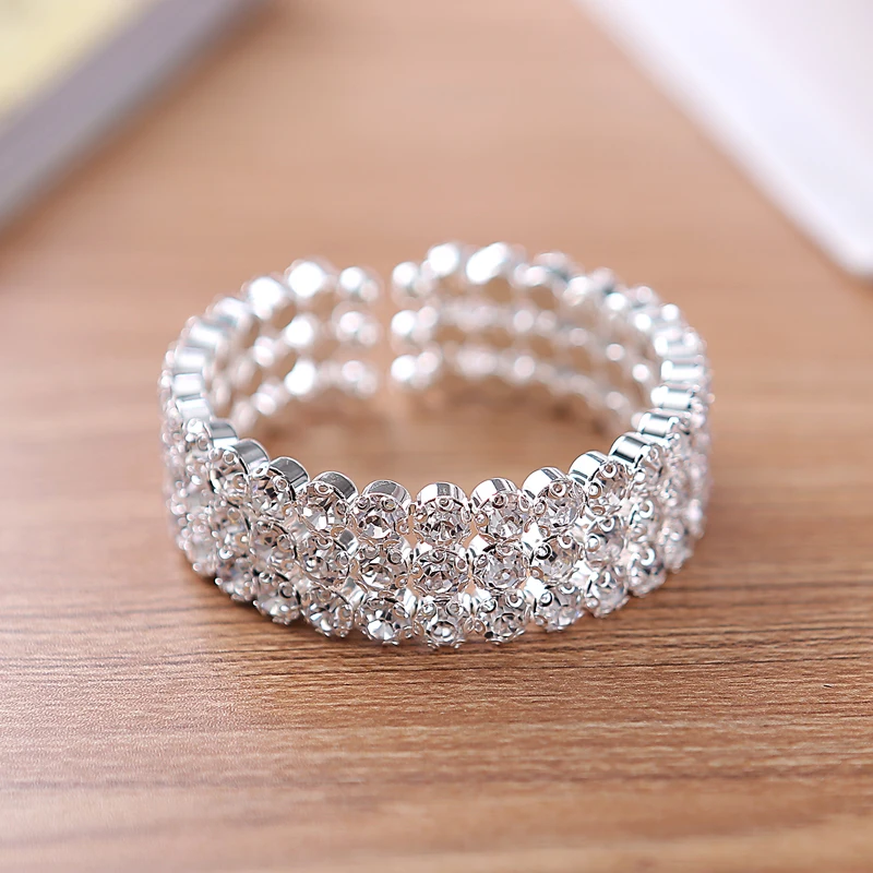 3 ряда кристаллов Большой Стразы стрейч Серебряный Прозрачный Свадьба красота