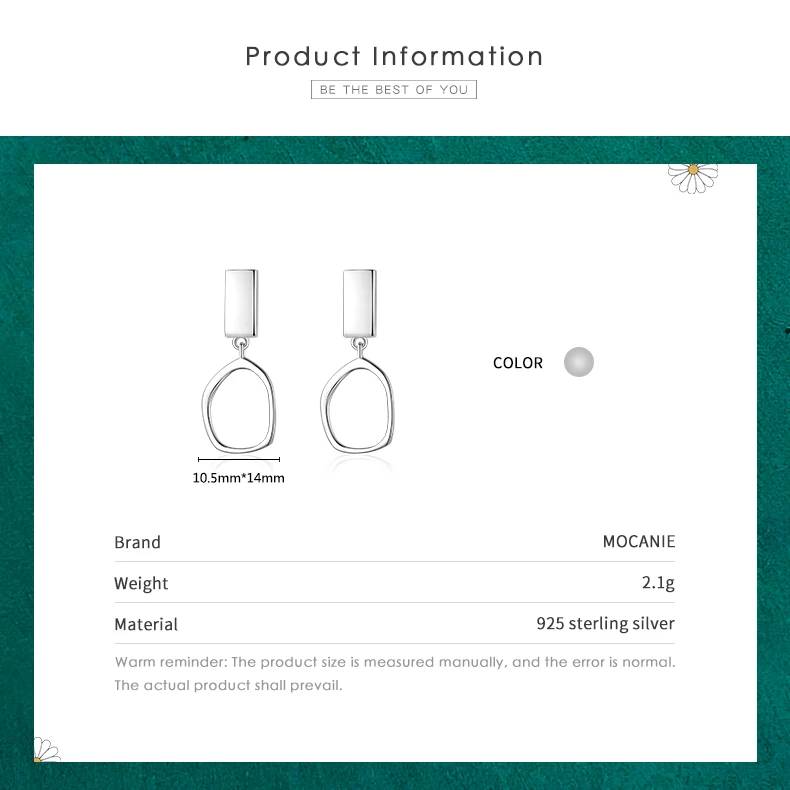 

Mocanie Authentic 925 Sterling Silver Geometric-Shape Drop Dangle Earrings ANTI-ALLERGY Earring for Women Korean Jewelry Brincos