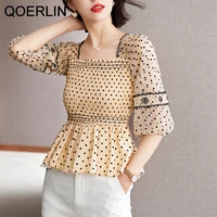 qoerlin polka dot square collar mesh chiffon shirt women summer elastic slim short sleeve shirt 2022 new hollow out blouse