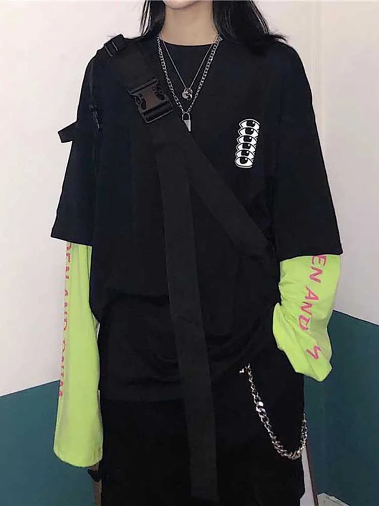 31937black NiceMix Harajuku/футболка с принтом тыквы и буквами; Поддельные 2 штуки; Лоскутная Повседневная футболка с длинными рукавами; женская и Мужская Уличная одежда; топы - Цвет: 31937black