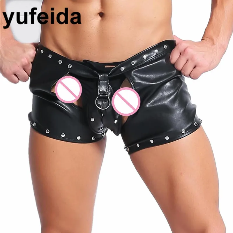 Сексуальное мужское нижнее белье открытые Искусственные кожаные боксёры шорты