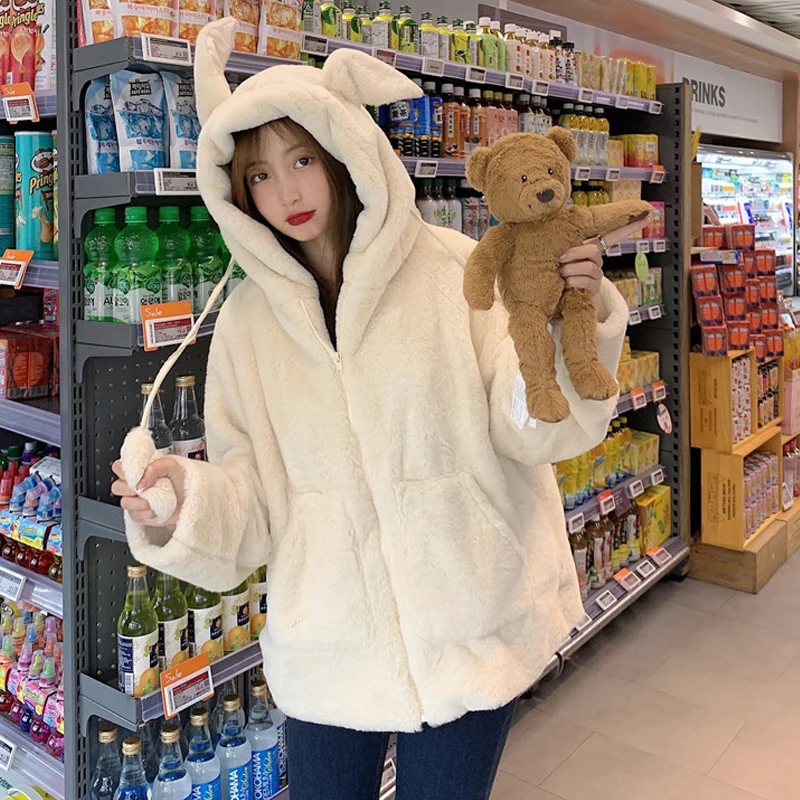Kawaii Lolita Teddy Coat Girl Winter Cute Moving Bunny Ears Plush Hooded Zip Up Jacket Women Soft Girl Plus Thick Furry Outer