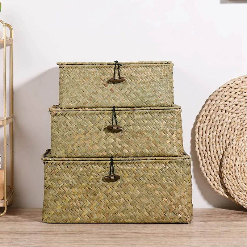

Rattan Storage Basket Makeup Organizer Multipurpose Container with Lid (S/M/L)