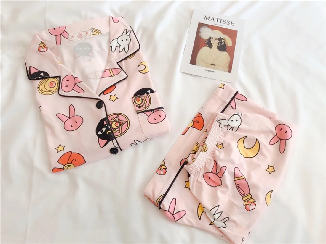

Womens Cotton Pajamas Set Turn-down Collar Pyjamas Short Sleeves Suit Soft Sleepwear Female Summer Cartoon Luna Moon Homewear