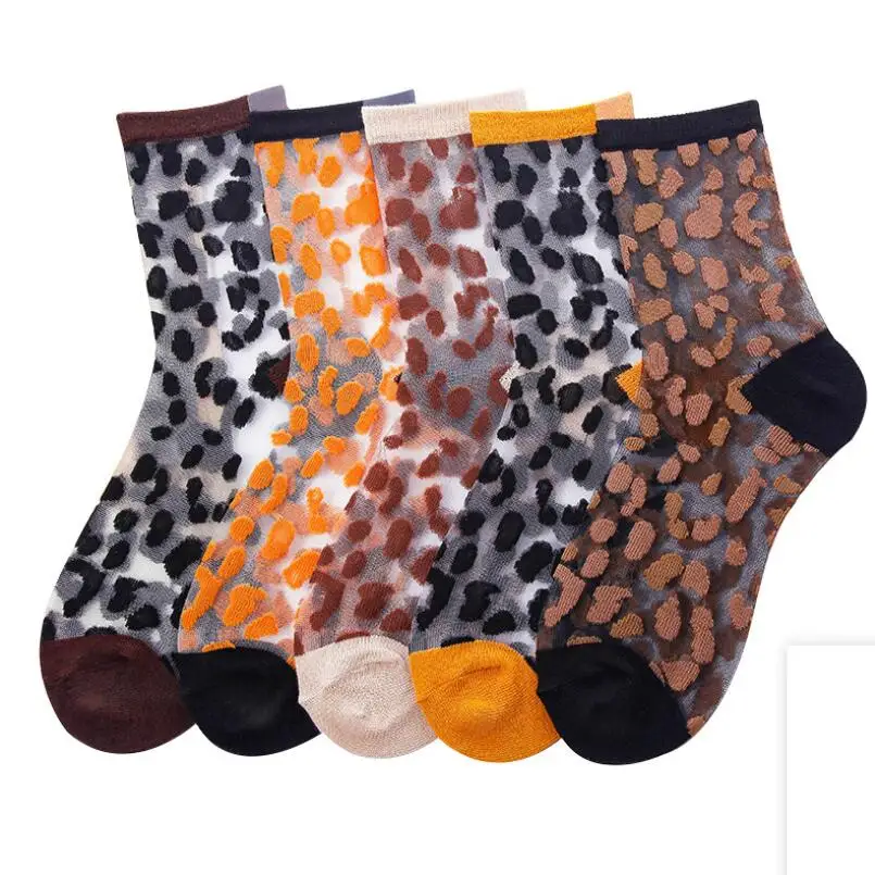 Women Transparent Socks Girls Leopard Socks Animal Print Sock Spring Summer Ankle Socks Thin Black Short Socks 10 pairs/ lot