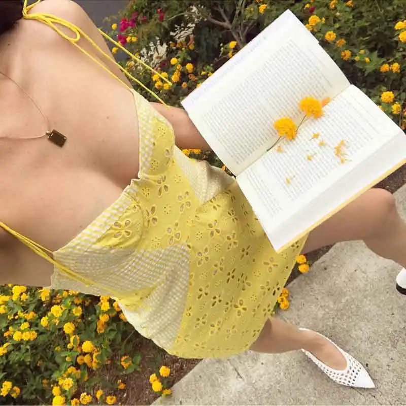 Желтое платье в клетку на бретельках летнее Хлопковое с ушками сексуальное